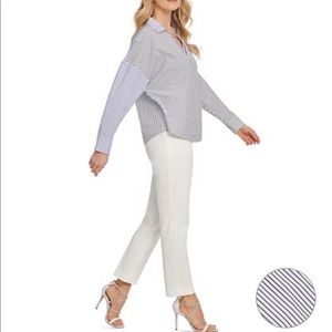 DKNY Striped Wrap Top Blouse BlueWhite Grey Cotton
